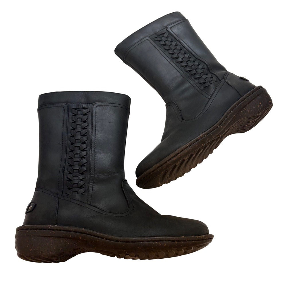 Ugg Boots Kaleen Black Leather Woven Mid Calf Shearling 1006083 Womens 6 Moto - Picture 2 of 10